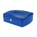 The picture shows a blue Q-Connect cash box, measuring 10 inches. The box is made of sturdy material and has a secure lock on the front. It features a removable tray and ample space inside for storing money, documents, and other valuables. The Q-Connect logo can be seen on the top of the box. The color and design give a professional and reliable impression.