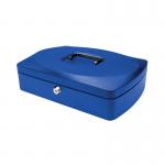 The photo shows a 12 inch blue Q-Connect cash box. The box is made of sturdy metal and features a lock on the front for secure storage. The blue color gives it a vibrant and modern look. The box is closed and the lock is engaged, indicating that it is ready to keep your cash safe. The top handle is clearly visible, making it easy to carry the box with you wherever you go. The edges are smooth and sleek, giving the box a professional appearance. Overall, the Q-Connect cash box exudes reliability and durability.