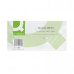The image shows a stack of Q-Connect DL envelopes. The envelopes are plain and have a self-seal closure. They are made of 80gsm white paper and come in a pack of 1000.