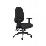 The picture shows a sleek black high back posture chair from VOW Posture Seating, model Cappela Rise. It measures 652x545x820mm and features a contemporary design with a cushioned seat and adjustable back support. Perfect for any modern office space.