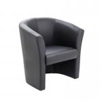 This photo showcases a sleek and stylish black vinyl tub chair from VOW Sofas, perfect for any modern living or office space. Its compact size, measuring 735x615x770mm, makes it ideal for smaller areas. The Avior design exudes both comfort and elegance.