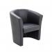 This photo showcases a sleek and stylish black vinyl tub chair from VOW Sofas, perfect for any modern living or office space. Its compact size, measuring 735x615x770mm, makes it ideal for smaller areas. The Avior design exudes both comfort and elegance.