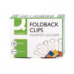 A photograph of Q-Connect Foldback Clips shows a pack of 10 assorted 24mm clips with the brand and product name clearly visible. The brightly colored clips are neatly arranged in rows, with the packs packaging visible in the background.