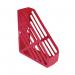 The picture shows a vibrant red magazine rack from Q-Connect, perfect for organizing books and magazines. The sleek design features multiple compartments and sturdy construction. A practical and stylish addition to any workspace or home.