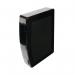 The picture shows a sleek black Q-Connect box file made of durable polypropylene. The file is designed to hold foolscap sized documents and is labeled with the brand and model number. It features a top opening and a clear label holder for easy organization.