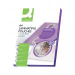 The picture shows a pack of Q-Connect laminating pouches with a glossy finish. The pack contains 100 A4-sized pouches, each measuring 125x2 microns. The pouches are clear and transparent, making them perfect for protecting and preserving important documents or photos.