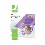 A clear photograph of Q-Connect Laminating Pouches shows a pack of 25 A4 pouches, each 250 microns thick. The pouches have a glossy finish and are designed to protect and strengthen documents.