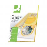 The photo shows a pack of 100 A3 Q-Connect laminating pouches. Each pouch is 160 micron thick and has a glossy finish. The pouches are designed to protect and enhance documents such as certificates or important papers. Each pouch has a secure seal and clear adhesive for a professional finish.