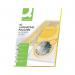 The photo shows a pack of 100 A3 Q-Connect laminating pouches. Each pouch is 160 micron thick and has a glossy finish. The pouches are designed to protect and enhance documents such as certificates or important papers. Each pouch has a secure seal and clear adhesive for a professional finish.