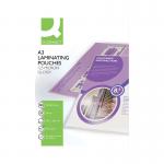 The image shows a pack of 25 Q-Connect A3 laminating pouches with a thickness of 250 microns. The pouches feature the Q-Connect logo and are designed to protect and preserve documents. The packaging is marked with the product name and brand.