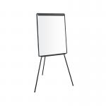 The photo shows a black flipchart easel with a whiteboard surface, standing on a sturdy frame. A large pad of white paper is clipped onto the top, ready for presentations or brainstorming sessions. The easel is adjustable in height and can be rotated 360 degrees for easy viewing. The sleek and professional design makes it a versatile tool for any office or meeting room setting.