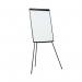 The picture shows a sleek and sturdy black easel, with a large A1-sized flipchart pad attached at the top. The easel features adjustable legs and a sturdy frame, making it perfect for presentations and meetings. The flipchart pad is lined with grid paper, creating a neat and professional look for any brainstorming or planning sessions. The easel is shown in a well-lit room with a whiteboard in the background, suggesting it is a versatile tool for any workspace.