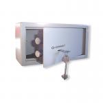 The photograph features a compact Q-Connect key-operated safe with a 6 litre capacity, measuring 150x200x200mm. The safe has a sleek, modern design with a key lock and is perfect for storing small valuable items.