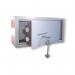 The photograph features a compact Q-Connect key-operated safe with a 6 litre capacity, measuring 150x200x200mm. The safe has a sleek, modern design with a key lock and is perfect for storing small valuable items.