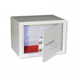 The photograph shows a sturdy Q-Connect key-operated safe with a 10-litre capacity. Its black exterior is complemented by a silver handle and keyhole. The dimensions are 200x310x200, making it compact yet spacious. The Q-Connect logo can be seen clearly on the front.