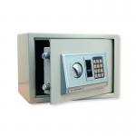 This picture features a compact, durable Q-Connect electronic safe with a 10 litre capacity. The sleek black design and secure electronic lock make it a great option for storing important documents or valuables.