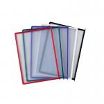 The photo shows a set of Q-Connect desk display units and clear quick load pockets in assorted colors. The display units are organized neatly and the pockets are filled with papers, making it a versatile and efficient desk accessory.
