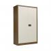 The photograph features a two-door metal storage cupboard in a coffee and cream color. The cupboard has a sleek, modern design and stands at 420x960x1810mm in size. The brand, VOW Steel Cupboards Jemini, can be seen on the doors.