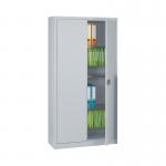 This photograph shows a sturdy and spacious steel cupboard from VOW in a neutral goose grey color. It features three shelves and measures 914x400x1806mm, making it a great storage solution for any office or workspace.