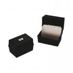 The photo features a sleek black Q-Connect card indexing box with dimensions of 127 x 76mm. The lid is open, revealing evenly spaced notches for organizing index cards. The Q-Connect logo is prominently displayed on the front.