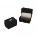The photo features a sleek black Q-Connect card indexing box with dimensions of 127 x 76mm. The lid is open, revealing evenly spaced notches for organizing index cards. The Q-Connect logo is prominently displayed on the front.