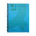The photograph captures a set of 5 blue A5 notebooks by Q-Connect. Each notebook has a wirebound spiral binding and a durable polypropylene cover. These notebooks have 160 pages each, making them perfect for everyday use.
