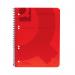 The photograph showcases a pack of five red A5 notebooks from Q-Connect. Each notebook has a durable wirebound and spiral bound design, with 160 pages made of sturdy polypropylene material. The notebooks are perfect for organizing notes and ideas.