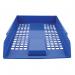 The image features a stack of bright blue Q-Connect letter trays, with smooth sides and a sturdy construction. The trays are neatly organized on a desk or shelf, with paper or documents visible inside. The Q-Connect logo is displayed on the front of each tray, adding a professional touch.
