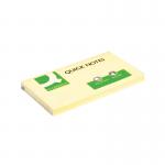 In the picture, there are 12 bright yellow Q-Connect Quick Notes measuring 76 x 127mm. Each note features the Q-Connect logo at the top and the words Re-Move Products in small print. These notes are stacked and neatly organized, with a clear plastic cover to protect them.