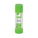 The picture shows a pack of 12 Q-Connect Glue Sticks, each 20g in size. The sticks have white caps and yellow labels with the Q-Connect logo. The background is a light color, possibly a desk or table. The sticks are arranged in a neat row, with the Q-Connect logo facing outwards.