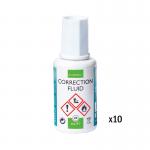 The photograph of Q-Connect Correction Fluid 20ml (10 Pack) features a set of 10 small, white bottles with blue caps lined up on a plain white background. The brand name Q-Connect Correction is prominently displayed on each bottle. The bottles are filled with a bright white liquid, indicating the correction fluid inside.