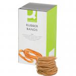 The image shows a bundle of medium-sized, beige rubber bands with a length of 152.4mm and a thickness of 1.6mm. The bands are neatly contained in a clear plastic bag with a 500g weight label. The packaging design features the brand name Q-Connect.
