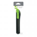 This image shows a black and green medium duty cutting knife from Q-Connect. The knife has a 18mm blade and is labeled with the brand and model name. It appears to be made of sturdy materials and has a sleek design.