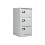 The photograph captures a sleek and sturdy VOW Steel Filing Cabinet from Jemini. It has three spacious drawers and measures 470x622x1016mm in a light grey shade. The clean lines and minimalist design add a touch of modernity to any workspace.