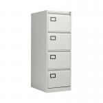 The photo shows a VOW steel filing cabinet by Jemini with four drawers and a lockable function. It is measured at 470x622x1321mm and has a light grey color.