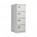 The photo shows a VOW steel filing cabinet by Jemini with four drawers and a lockable function. It is measured at 470x622x1321mm and has a light grey color.