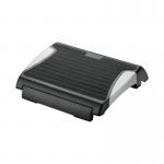 This photo features Q-Connects Footrests and Back Supports in a sleek black and silver design. The footrest is adjustable for ergonomic support, and both pieces have an anti-slip feature for stability.