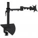 The image shows two slim, adjustable monitor arms, with each arm holding a flat screen monitor in a horizontal position. The arms have a sleek silver finish and are attached to a desk, providing a space-saving and ergonomic setup for the user.