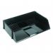 The picture shows a stack of black letter trays, made by Q-Connect. The trays have a wide entry to fit standard letters and are perfect for organizing paperwork and mail.