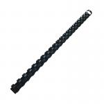 The picture shows a pack of 50 black 16mm binding combs from Q-Connect. Each comb is made of sturdy plastic and features the Q-Connect logo. The combs have a smooth finish and are ideal for binding documents, reports, and presentations.