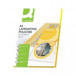 This photo features a pack of Q-Connect laminating pouches in A4 size, with a matte finish and a thickness of 160 microns. The pack contains 100 pouches.