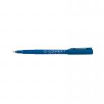 The photo shows a pack of 10 Q-Connect Fineliners in blue, with a fine 0.4mm tip. The slender pens are neatly lined up, showcasing their sleek design and professional appearance. The packaging is simple and clean, reflecting the reliable and efficient nature of these writing tools.