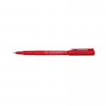 The image shows a pack of red Q-Connect Fineliners, each with a fine 0.4mm tip. The pens are neatly arranged in the packaging, displaying their sleek design and practicality.