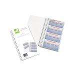 This photo features a Q-Connect Telephone & Message Book set, with a duplicate telephone message book that can hold 200 messages. The cover is blue with the Q-Connect logo, and the interior pages are neatly organized with spaces for date, time, callers name, and message details. The book also includes a carbon copy slip for records.