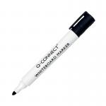 The photograph showcases a pack of 10 black Q-Connect drywipe marker pens with Q-Connect written in bold white letters. The pens have a sleek design with a thin body and a cap that matches the color of the ink. Each pen has a fine tip that allows for easy and precise writing on any whiteboard surface.