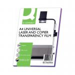 The photograph shows a pack of 100 Q-Connect Clear Over Head Projector Films by Q-Connect OHP Supplies. The films are neatly stacked in a pack and have a glossy finish. The packaging has the brand name and product details clearly visible. The films are designed for use with overhead projectors, making presentations and meetings more effective.