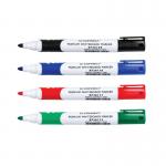 A photo of Q-Connect Whiteboard Pens Q-Connect Premium Whiteboard Marker Bullet Tip in Assorted colors shows four vibrant markers lined up side by side, with sleek silver casings and sharp bullet tips. The colors of each marker include black, blue, red, and green. The markers look ready to use on any whiteboard surface.