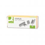 This photograph features a pack of Q-Connect Staples, measuring 266mm and containing 5000 staples. The staples are neatly arranged in rows within the packaging. The packaging itself is a simple white color with the Q-Connect logo prominently displayed.