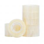 The photo shows six rolls of Q-Connect Sticky Tapes, specifically the Easy Tear Polypropylene Tape version. Each roll has a 24mmx33m measurement and fits a 1 inch core. The tape itself is clear and the packaging contains the QF27014 label.