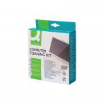 The photo shows a Q-Connect Computer Cleaning Kit with various tools and solutions. The kit includes a microfiber cloth, keyboard brush, cleaning solution, and compressed air. The sleek packaging features the Q-Connect logo and product name.
